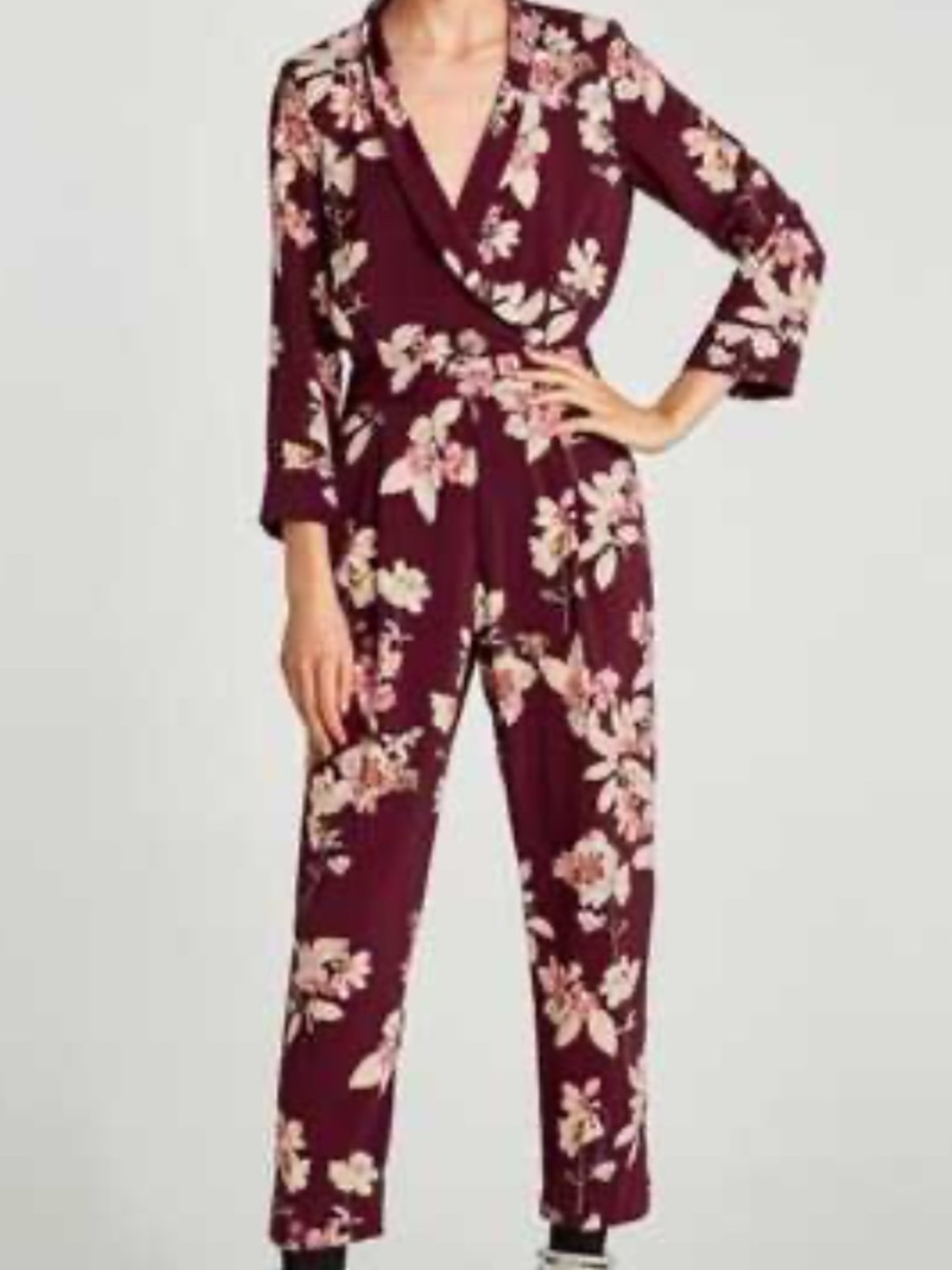 Zara Floral Wrap Jumpsuit - Burgundy